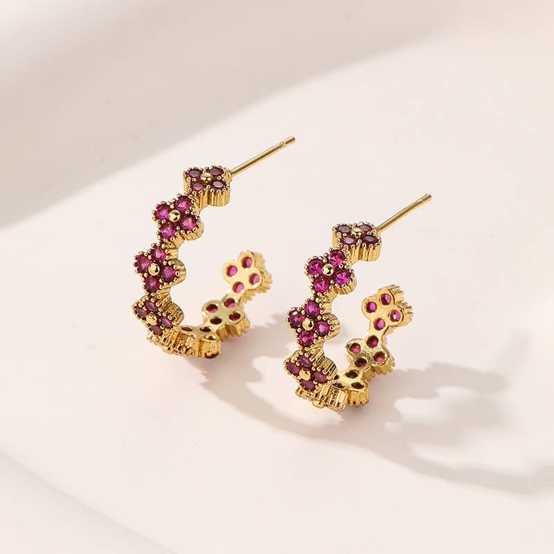 Floral Clover Rhinestone Semi-Hoop Earrings | 40E515