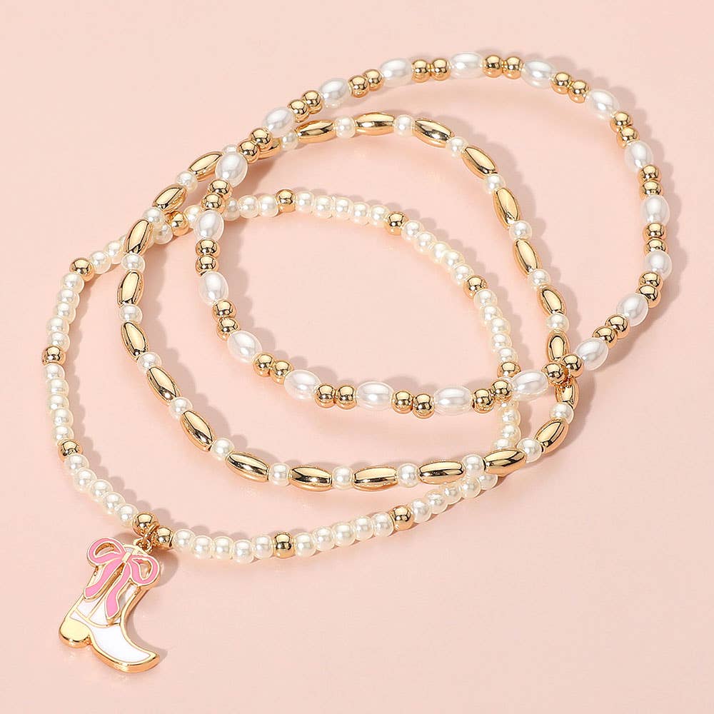 3PCS - Enamel Bow Cowboy Boot Pearl Beaded Multi Layered Bracelet