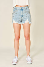 15534P Rhinestone Frayed Denim Shorts