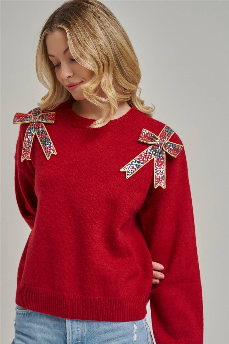 CHRISTMAS HOLIDAY SWEATER TOP WITH BOW APPLIQUES_JLT00420-01