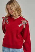 CHRISTMAS HOLIDAY SWEATER TOP WITH BOW APPLIQUES_JLT00420-01