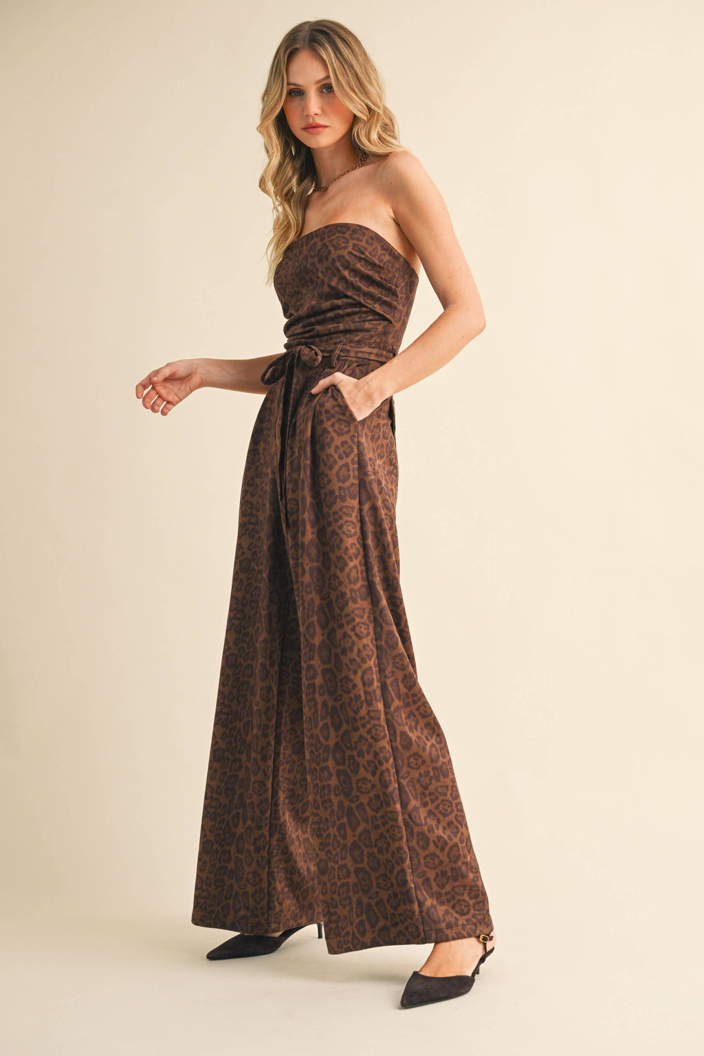 LEOPARD SUEDE STRAPLESS BELTED JUMPSUIT