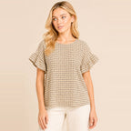Textured Plaid Ruffle Sleeve Top