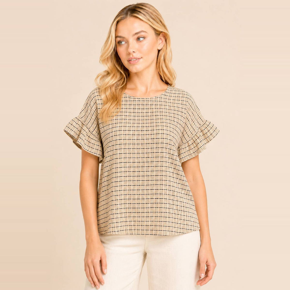 Textured Plaid Ruffle Sleeve Top