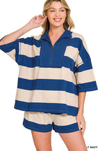 French Terry Striped Half Zip High Neck Top & Shorts Set Zenana