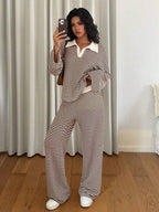 Women's Knit Stripe Loungewear Set Long Sleeve Top Pants