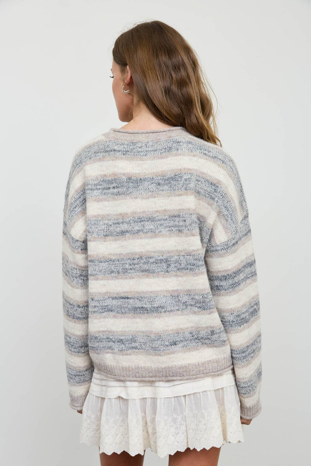 HEATHERED MULTI-STRIPE RAW EDGE KNIT SWEATER