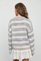 HEATHERED MULTI-STRIPE RAW EDGE KNIT SWEATER