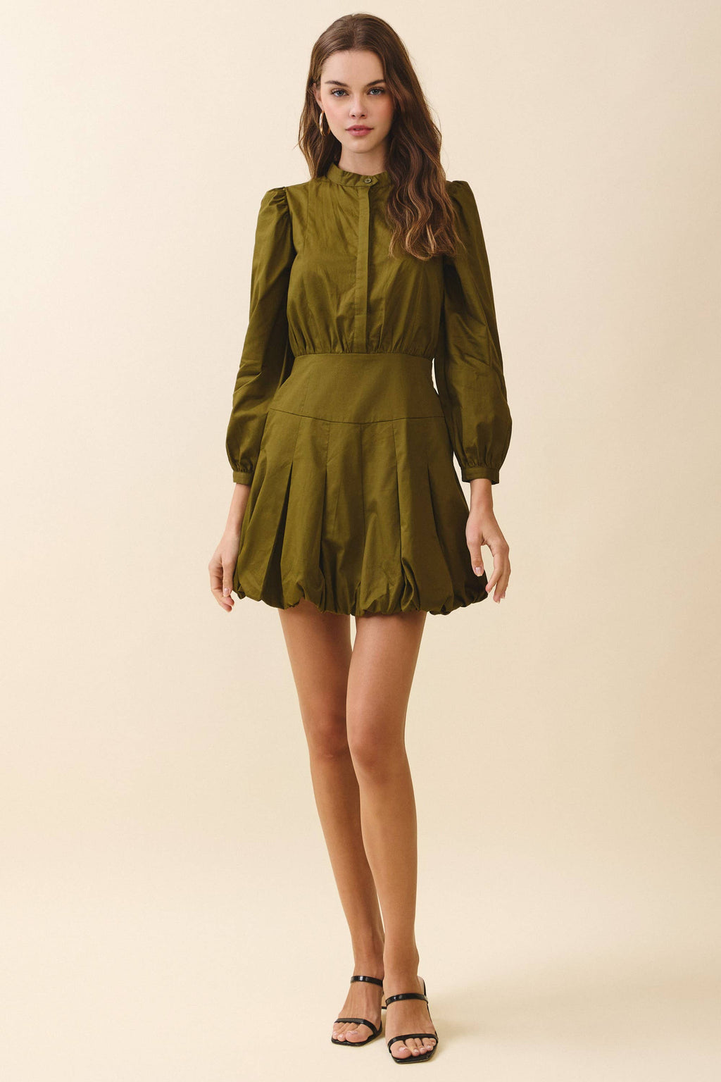 CD06354-Mandarin Collar Covered Button Placket Mini Dress