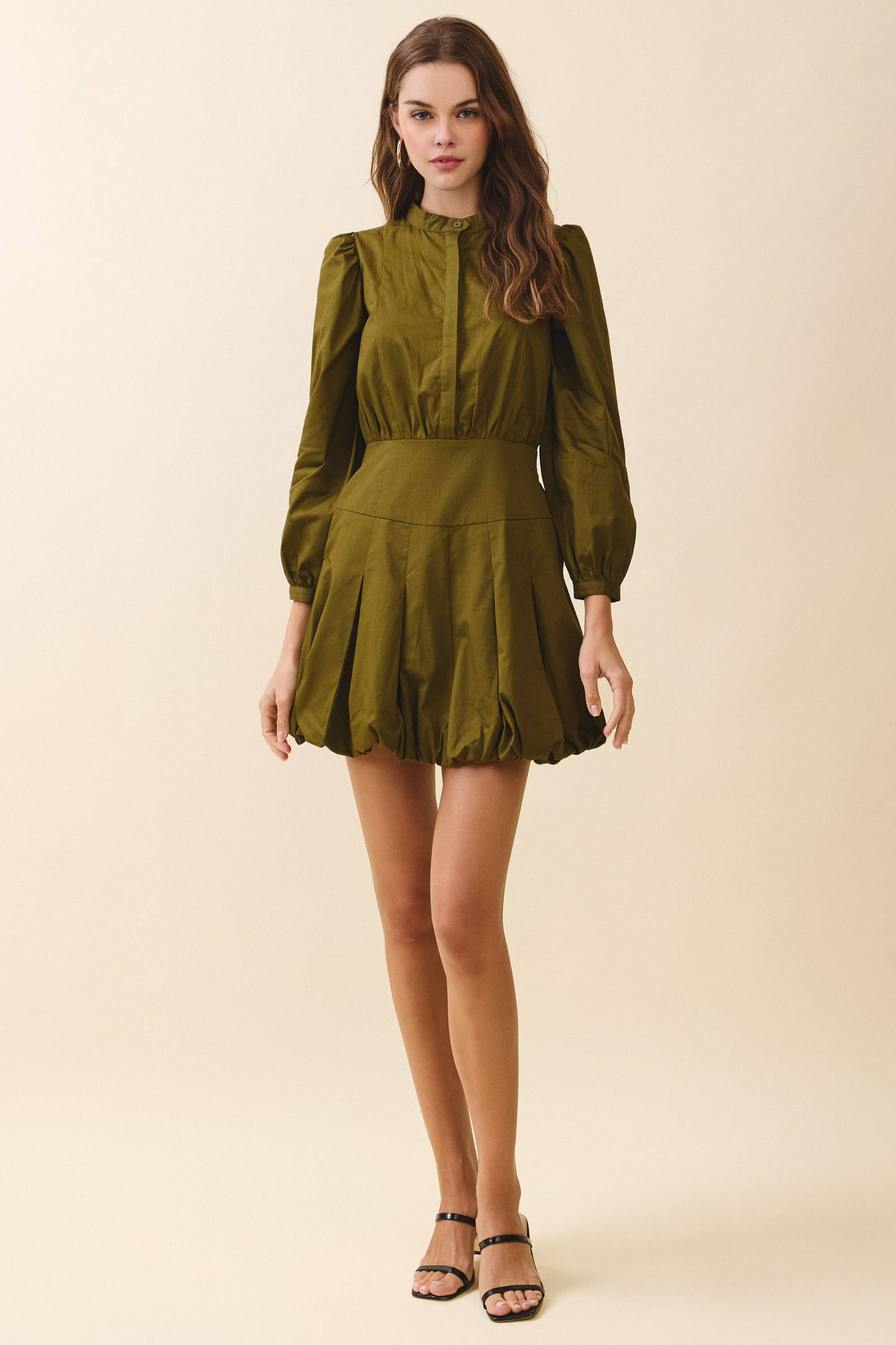 CD06354-Mandarin Collar Covered Button Placket Mini Dress
