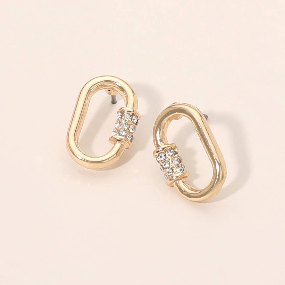 Rhinestone Pave Oval Carabiner Shape Stud Earrings