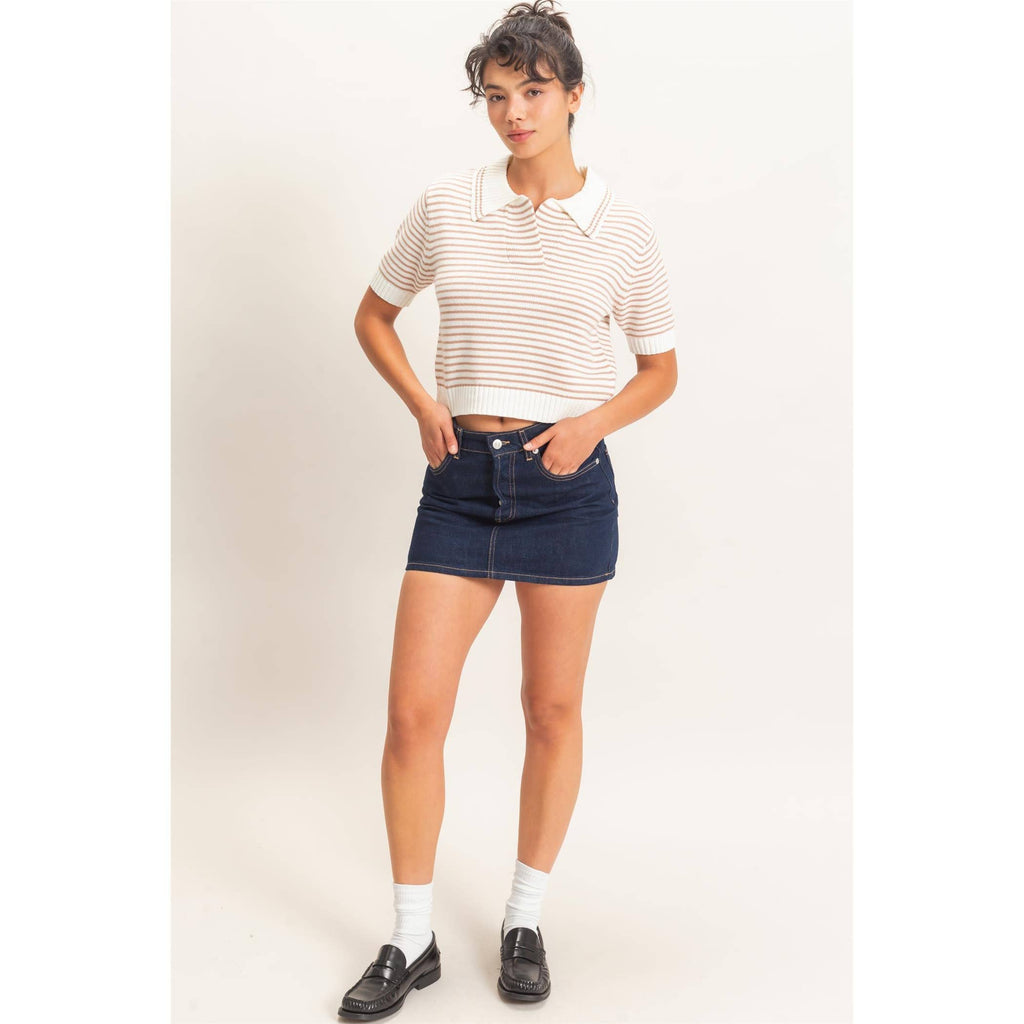 Striped Short Sleeve Collar Knit Top