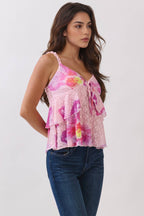 LC57254P - PRINT RUFFLE FRONT BOW TIE FRILL CAMI TOP