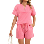 V Neck Tee & Drawstring Shorts 2 Piece Lounge Set
