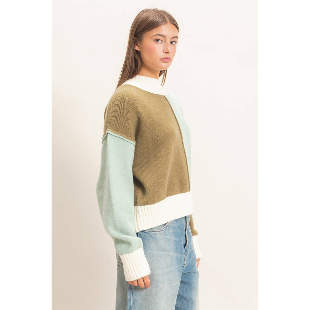 Color Block Mock Neck Sweater