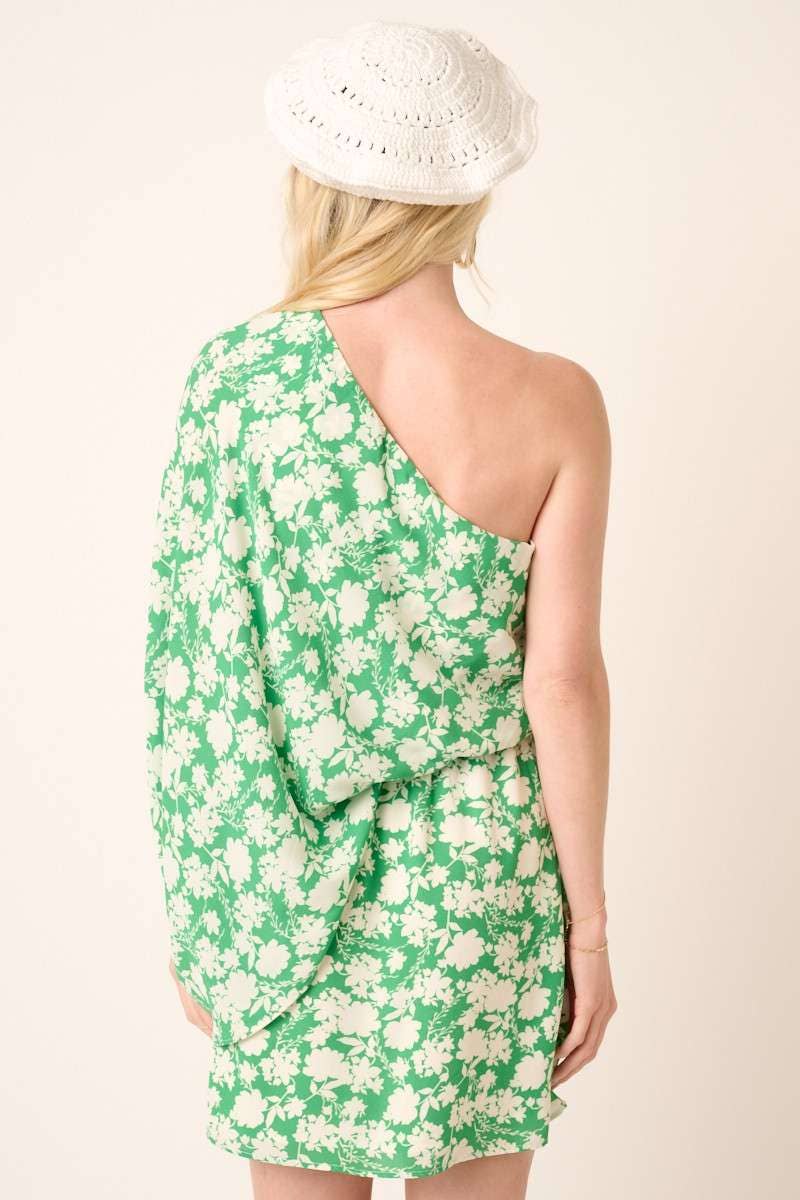 H42725A-FLOWER PRINT ONE SHOULDER MINI DRESS