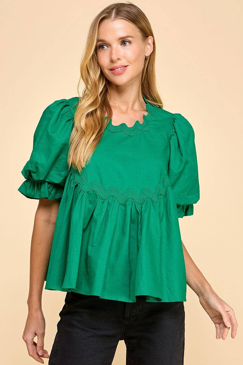 CT9094-Ricrac Detailed Swing Style Bubble Sleeve Top