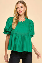 CT9094-Ricrac Detailed Swing Style Bubble Sleeve Top