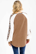 Rib Knit Leopard Lace Sleeve Detail Pullover Top
