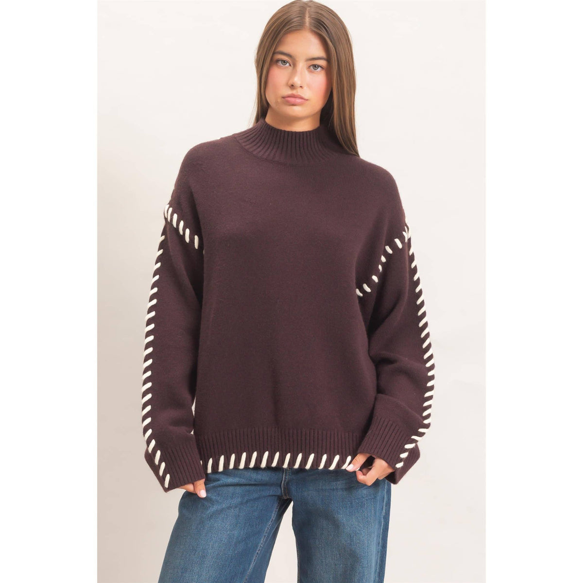 Blanket Stitch High Neck Sweater