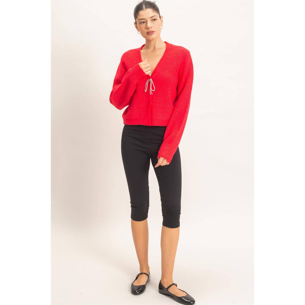 Rhinestone Bow Tie-Front Sweater