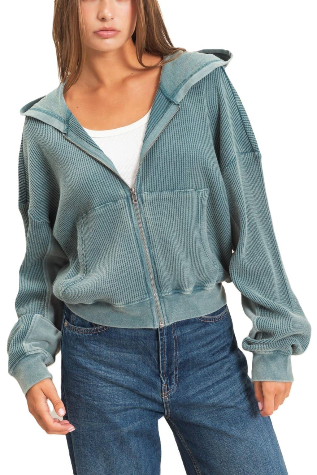 Acid Wash Waffle Knit Zip-up Hoodie