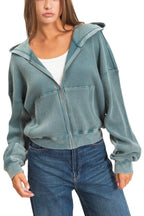 Acid Wash Waffle Knit Zip-up Hoodie