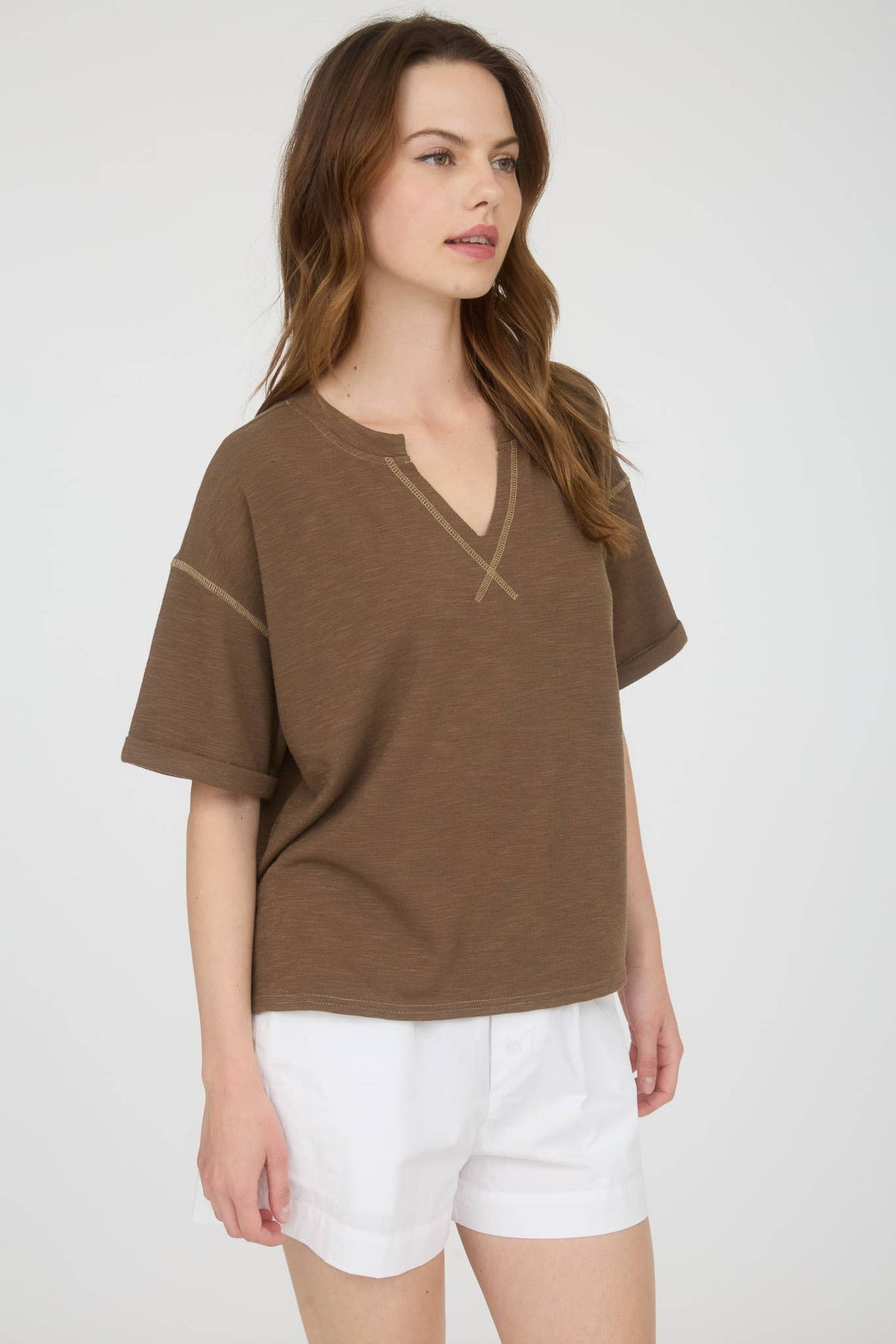 CONTRAST STITCH DROP SHOULDER CUFF SLEEVE KNIT TOP