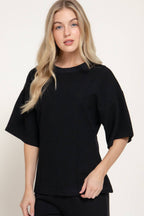 Elbow Sleeve Round Neck Brushed Knit Top with Flared Hem