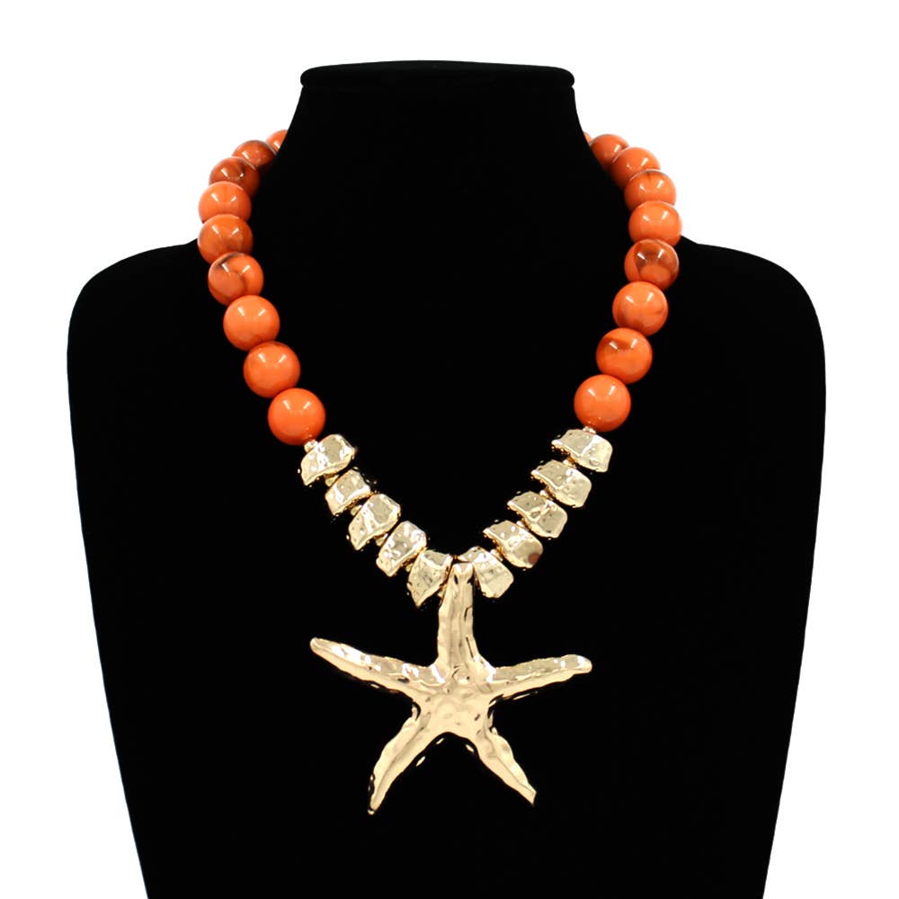 Bold Texture Metal Starfish Pendant Accent Beaded Statement Necklace