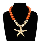 Bold Texture Metal Starfish Pendant Accent Beaded Statement Necklace