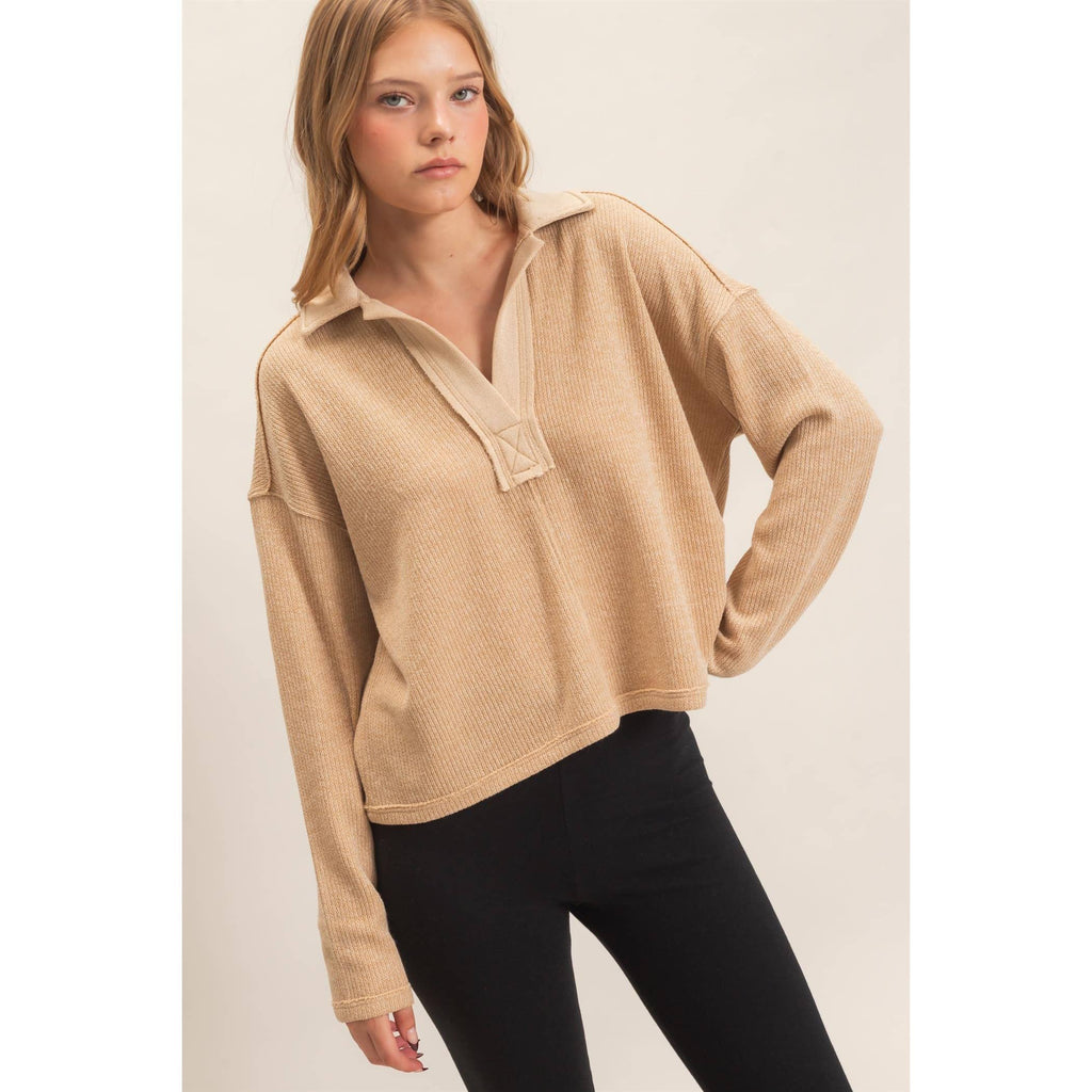 Ribbed Collared Pullover Top