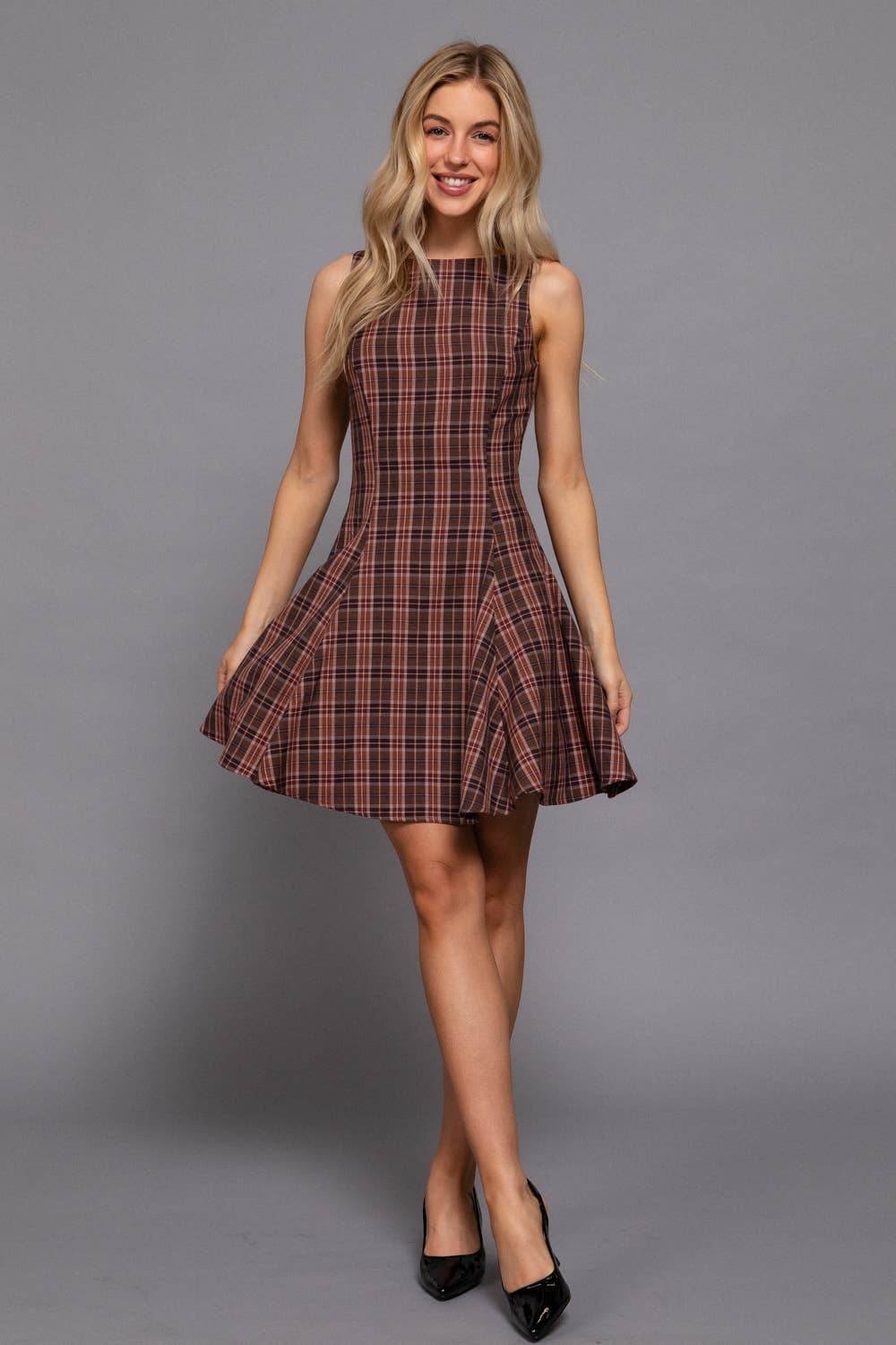 Sleeveless Boat Neck Swing Plaid Woven Mini Dress