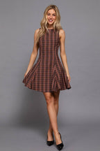 Sleeveless Boat Neck Swing Plaid Woven Mini Dress