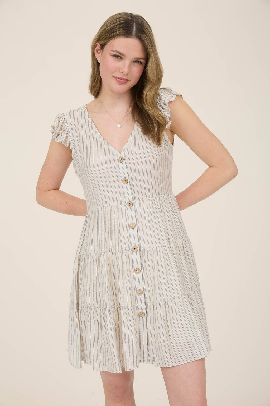 STRIPE V NECK BUTTON DOWN TIERED MINI DRESS