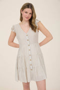 STRIPE V NECK BUTTON DOWN TIERED MINI DRESS