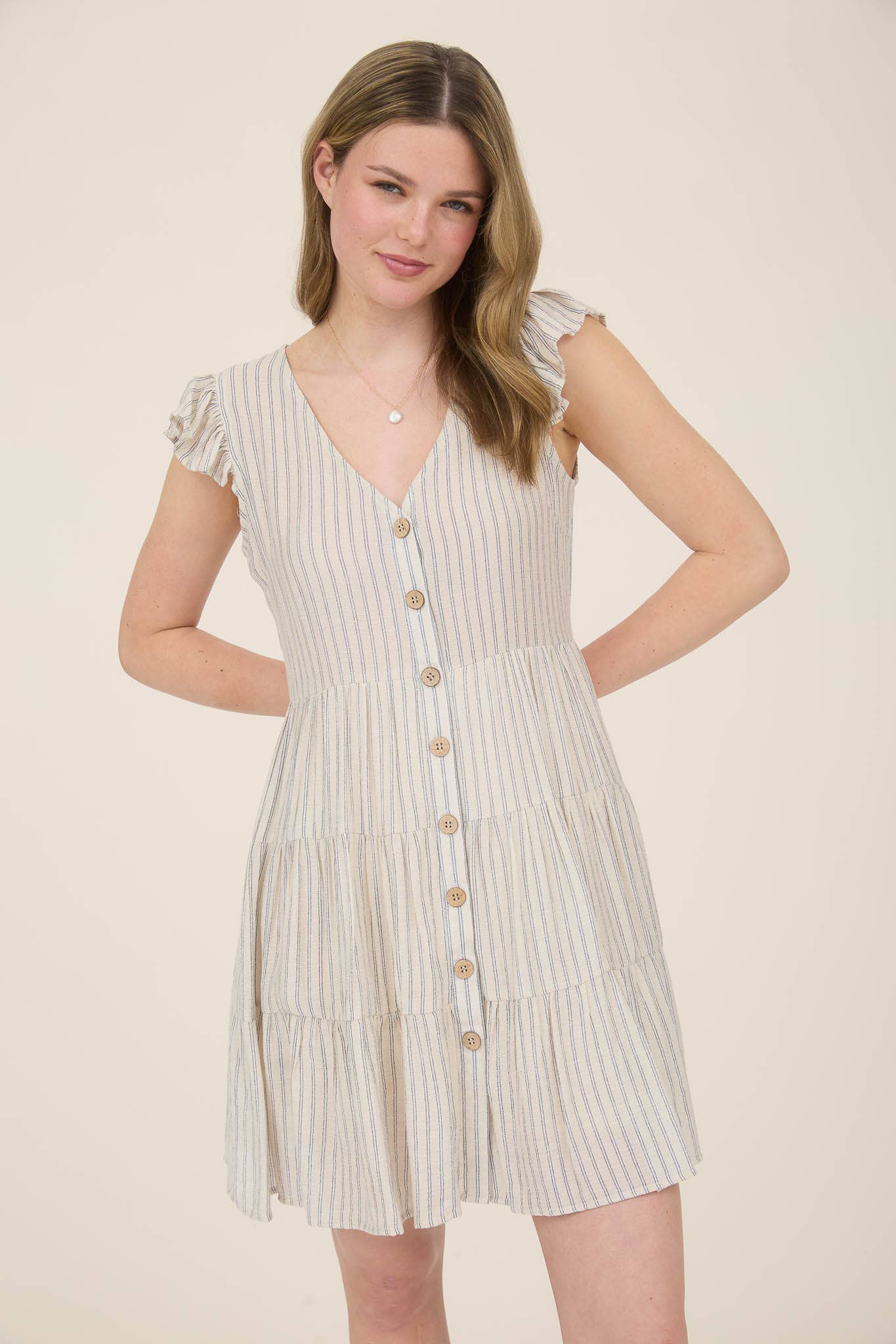 STRIPE V NECK BUTTON DOWN TIERED MINI DRESS