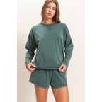 Mineral Wash Long Sleeve Raw Edge Top & Shorts Set