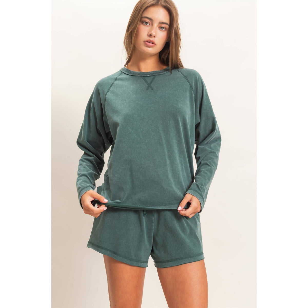 Mineral Wash Long Sleeve Raw Edge Top & Shorts Set