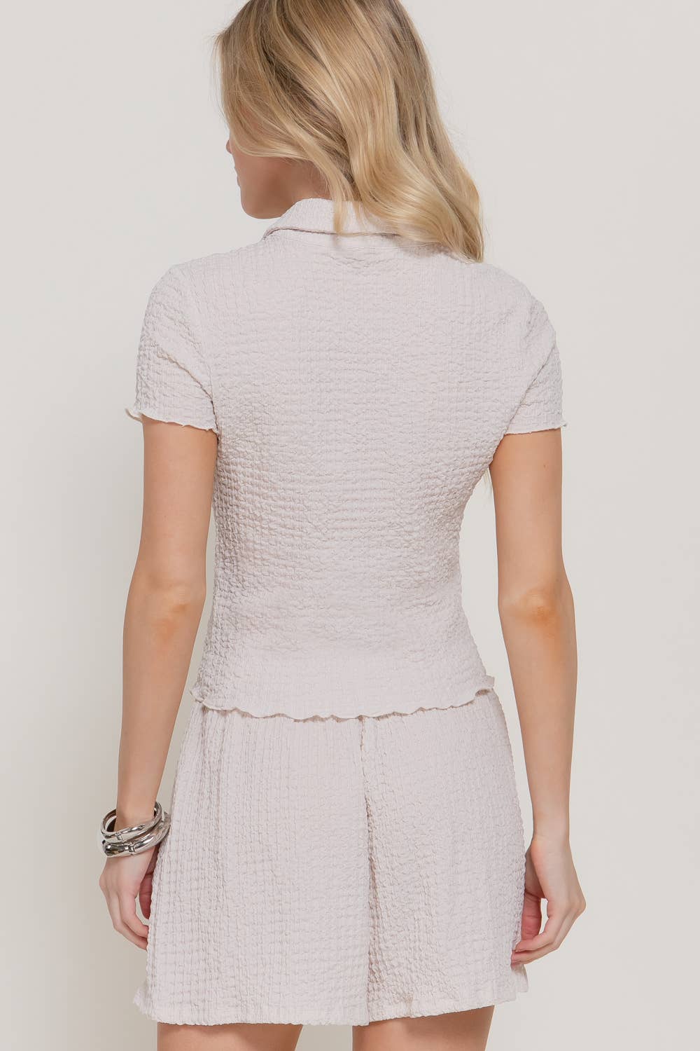 Short Sleeve Button Down Top & Shorts Crinkle Knit Set