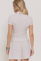 Short Sleeve Button Down Top & Shorts Crinkle Knit Set