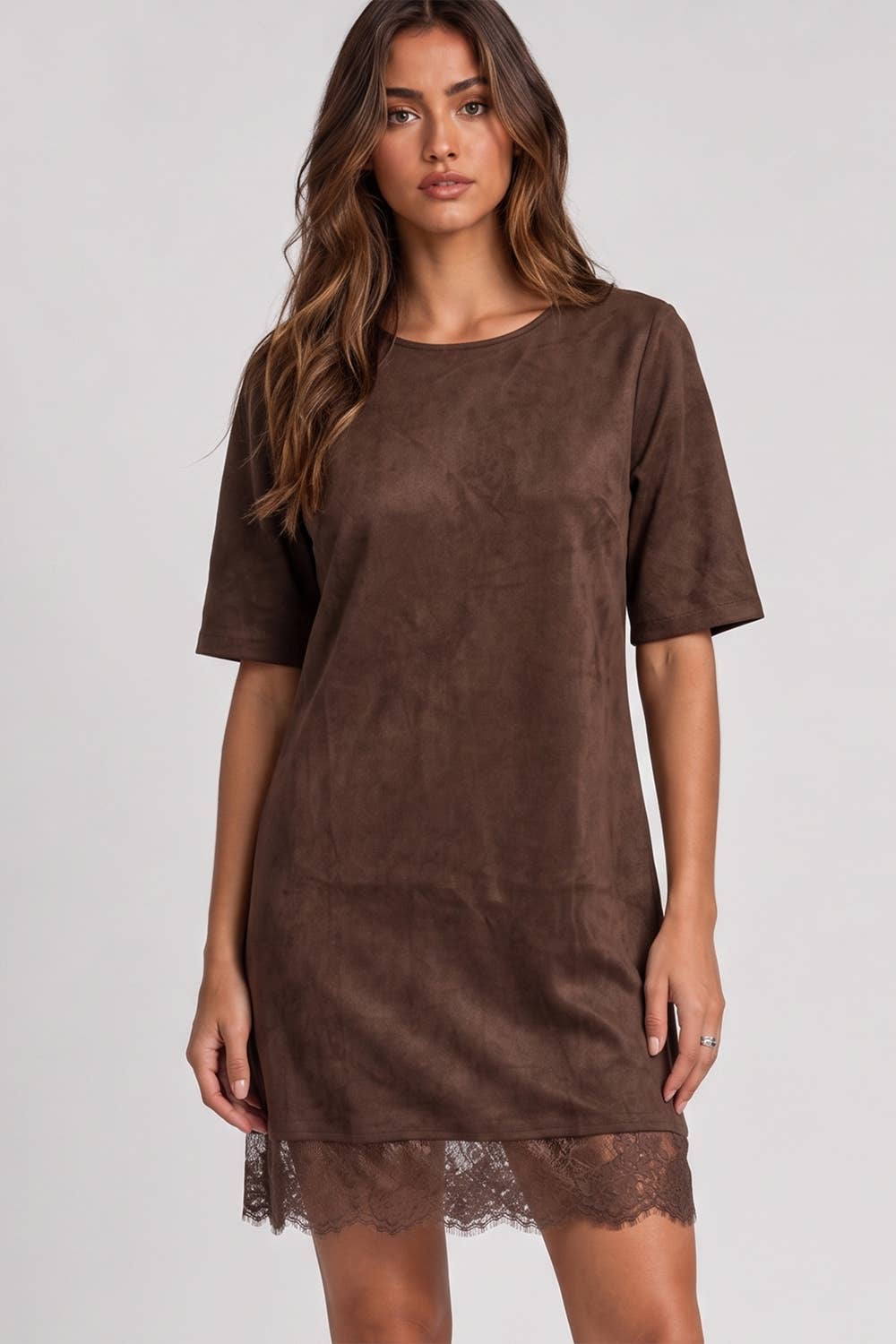 ND32269-Faux Suede Lace Hem Mini Dress