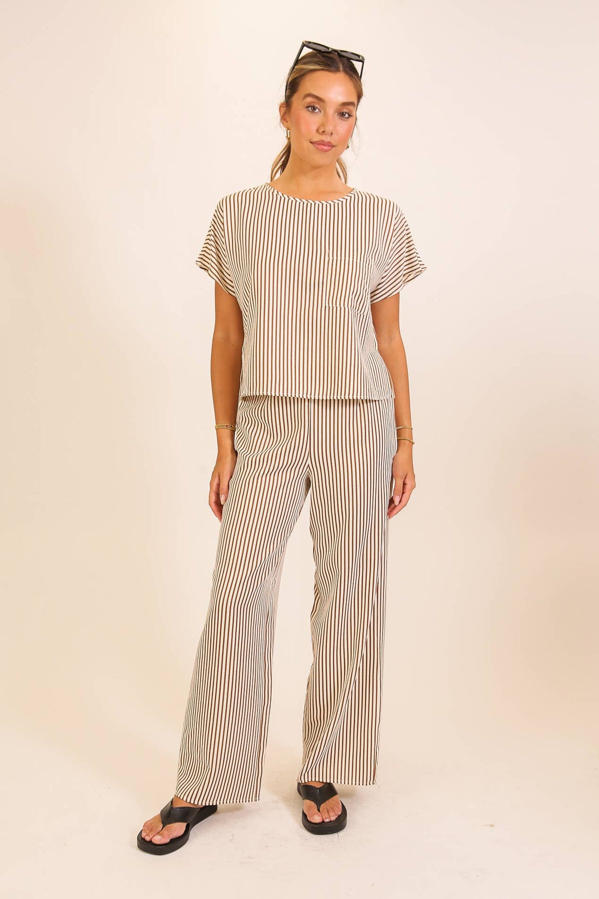 Striped Textured Top & Wide Leg Pant Set