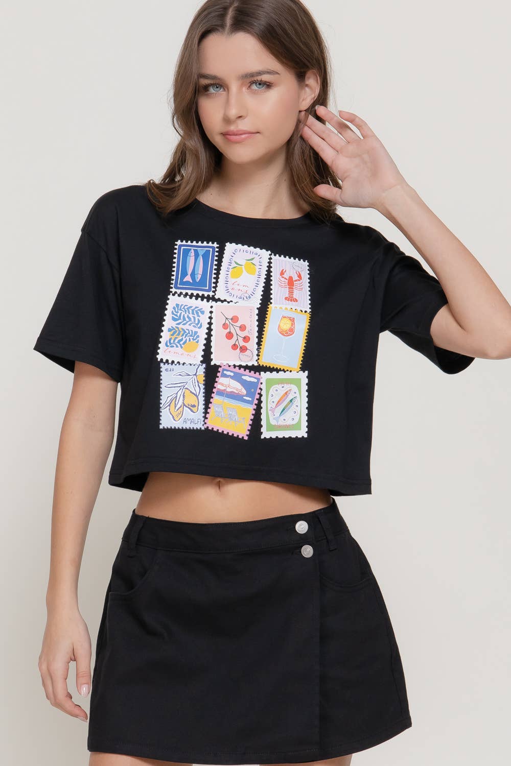 Short Sleeve Round Neck Print Knit Crop Top