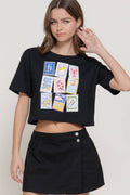 Short Sleeve Round Neck Print Knit Crop Top