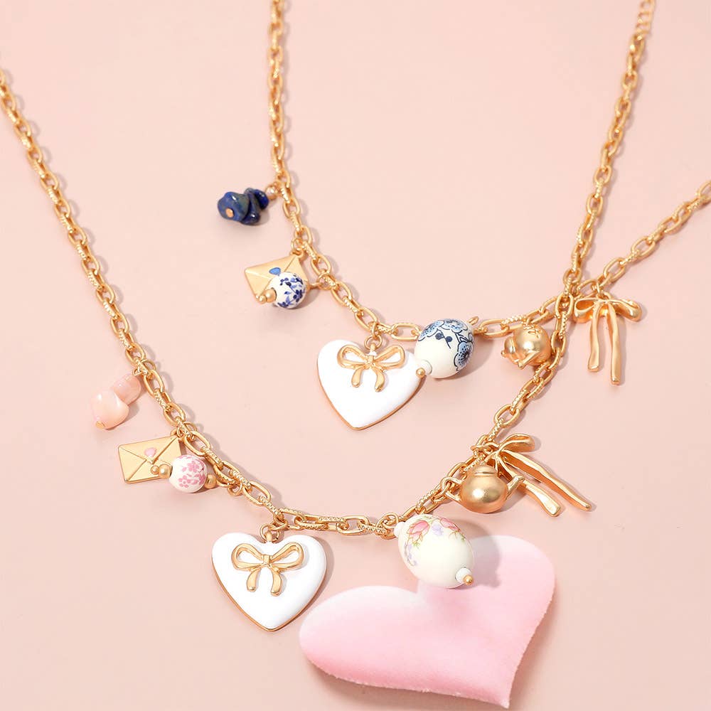 Bow Heart Tea Party Charm Station Necklace