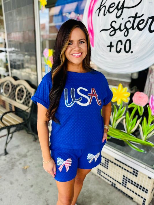 Sequined USA Bowknot Textured Short Set | S-XL