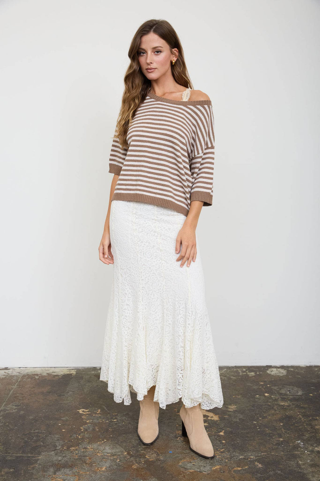 STRIPE CONTRAST TRIM SHORT SLEEVE KNIT SWEATER