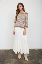 STRIPE CONTRAST TRIM SHORT SLEEVE KNIT SWEATER