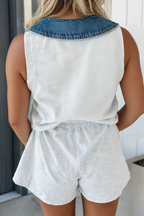 LAS-LIVE Denim Patchwork Polo Elastic Waist Romper (S-XL)